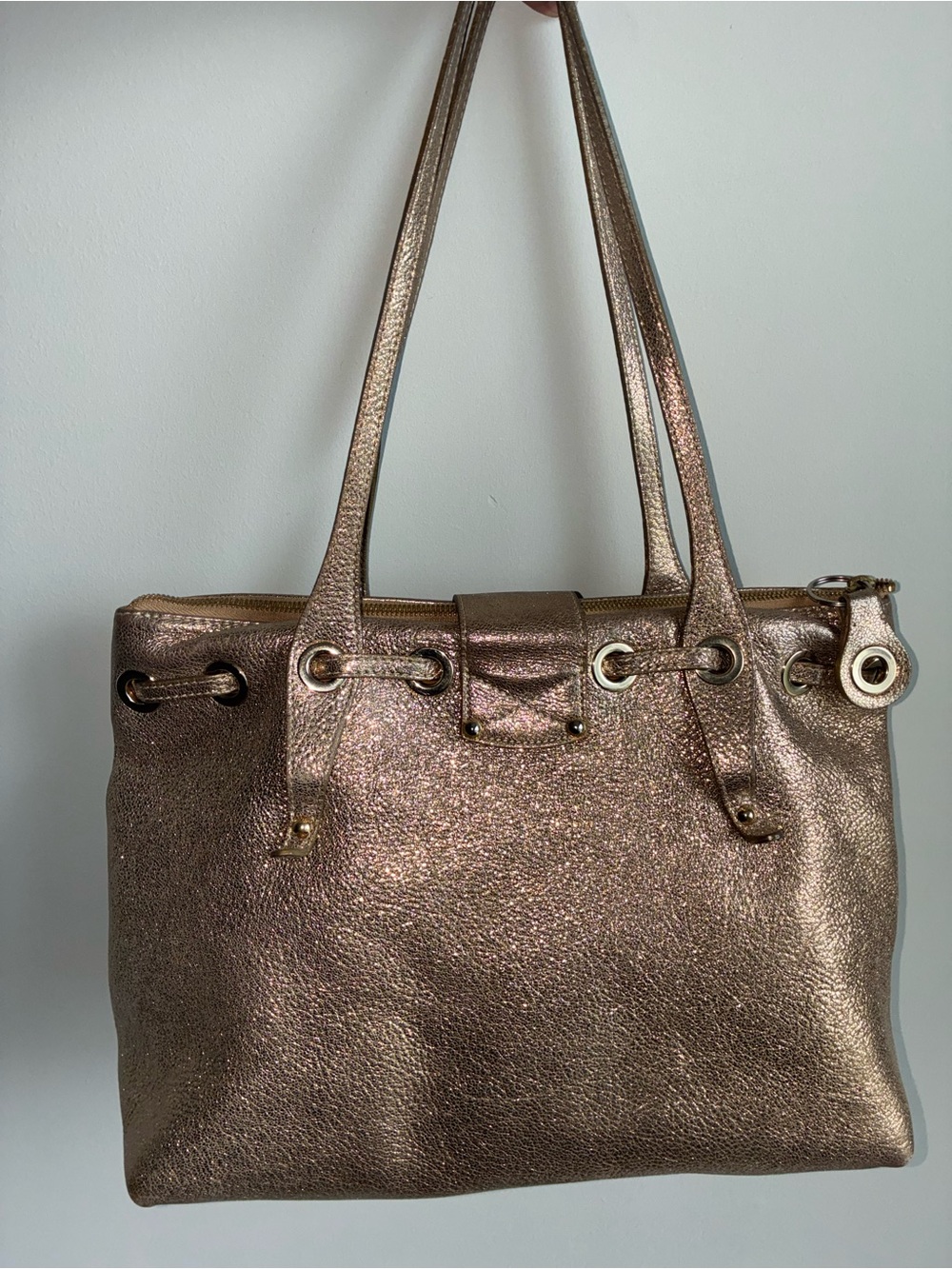 Jimmy Choo Metallic Shoulder Bag — Drawstring & Zip, Silver Hardware, Logo - Picture 6 of 13